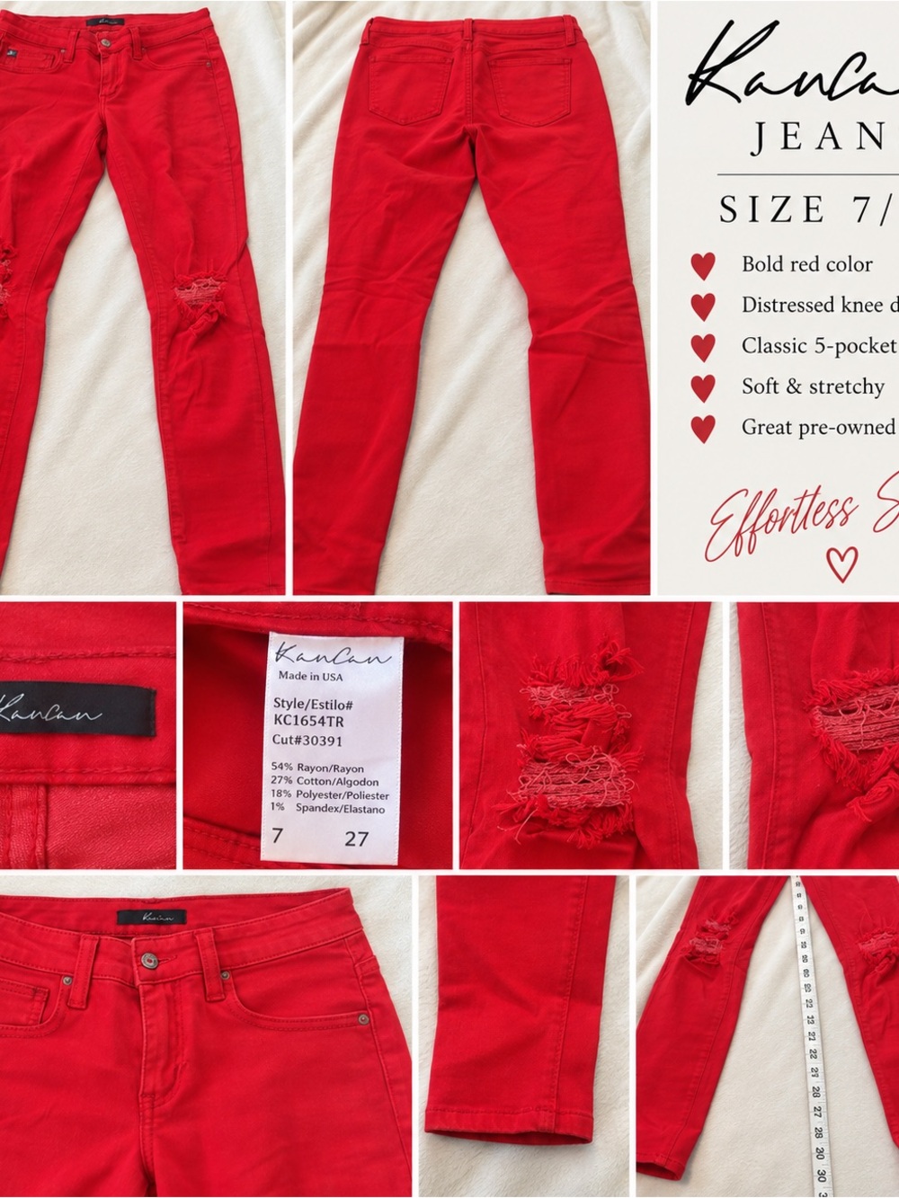 KanCan Bold Red Distressed low rise Skinny Jeans sz 7/27